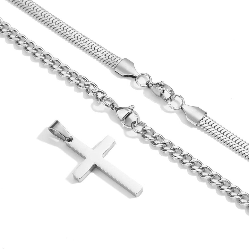 Cross Necklace for Men Boys, Stainless Steel Layered Cuban Link Herringbone Chai - Picture 5 of 6